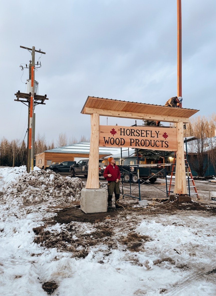 Horsefly Wood Products sawmill with stacks of premium lumber in the British Columbia countryside